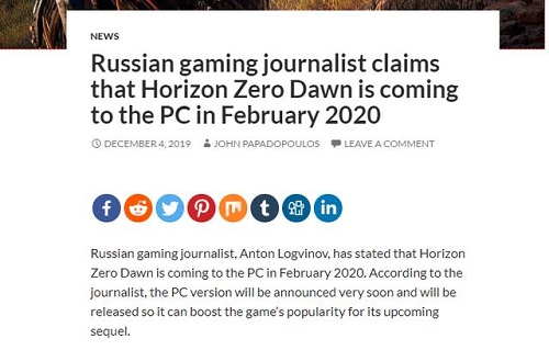 《地平线：黎明时分》2020年2月将登陆PC平台